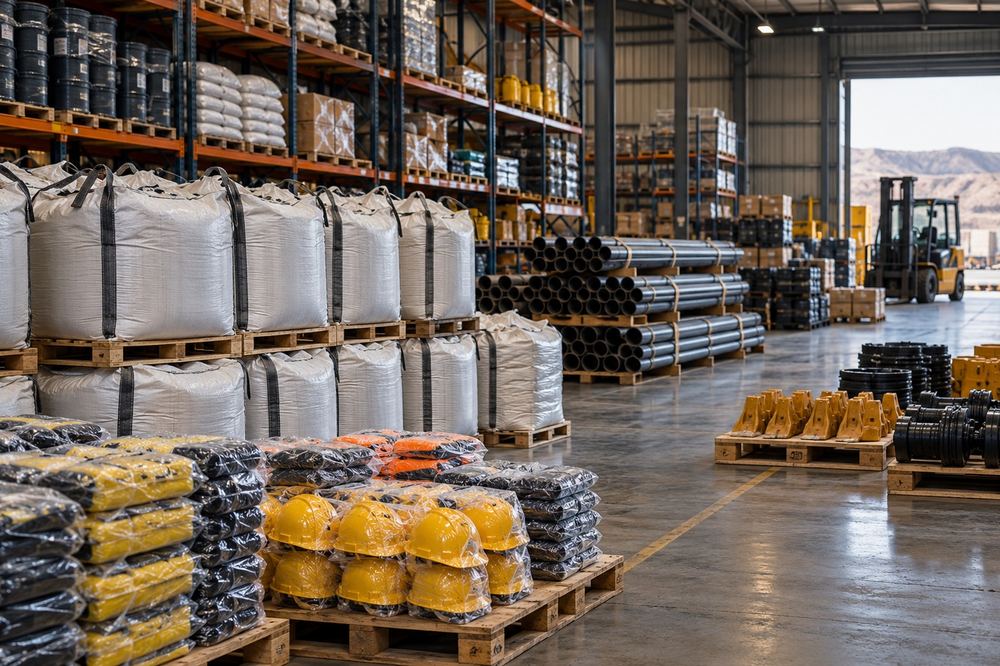 Entrepôt rempli de big bags, casques et intrants sur palettes