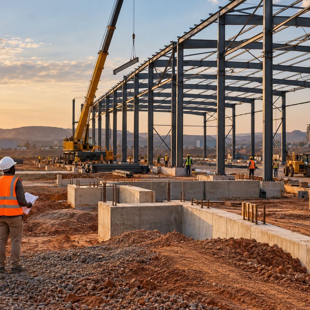 Charpente métallique d’un bâtiment en construction sur un site