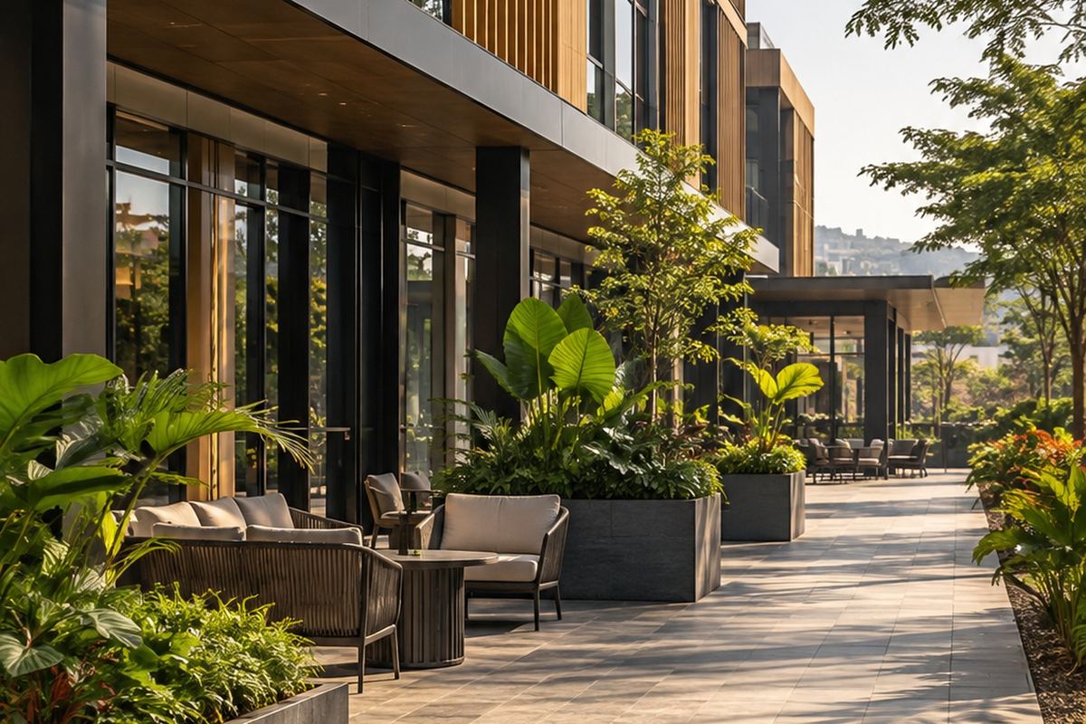 Terrasse et abords paysagers d’un bâtiment