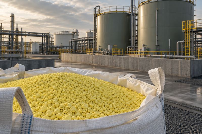 Big bag de soufre devant des cuves de stockage